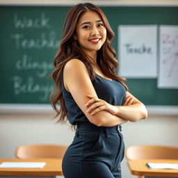 A beautiful Indo-Korean woman with a curvy figure, portraying a relaxed and alluring teacher