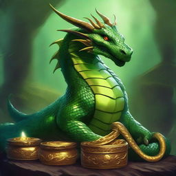 A snakelike, Green Dragon imbued with a fascinating serpentine grace, coiled over her impressive hoard of gleaming gold and mystical artifacts, basking in the glow of her accumulated treasure