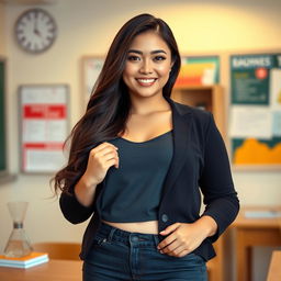 A stunning 27-year-old Indo-Korean woman with a curvy figure, portraying a relaxed and alluring teacher