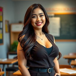 A stunning 27-year-old Indo-Korean woman with a curvy figure, portraying a relaxed and alluring teacher