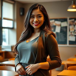 A stunning 27-year-old Indo-Korean woman with a curvy figure, portraying a relaxed and alluring teacher
