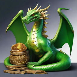 A snakelike, Green Dragon imbued with a fascinating serpentine grace, coiled over her impressive hoard of gleaming gold and mystical artifacts, basking in the glow of her accumulated treasure