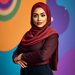 A full body portrait of a sexy hijab-wearing woman exuding confidence