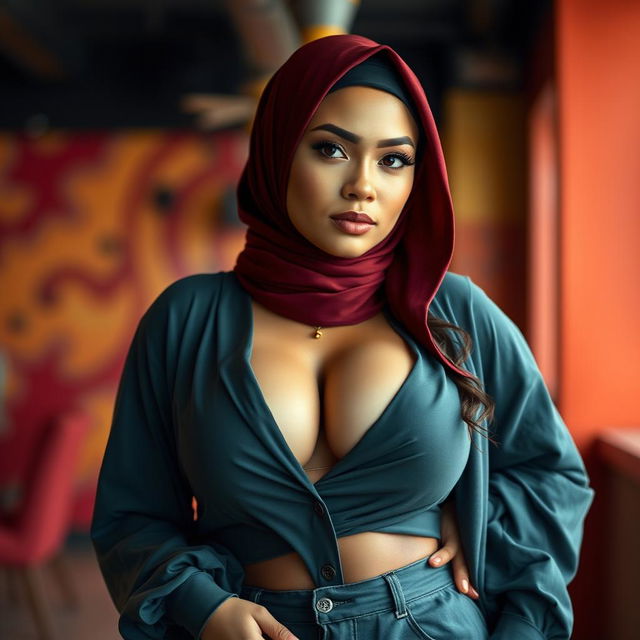 A full body portrait of a sexy hijab-wearing woman exuding confidence