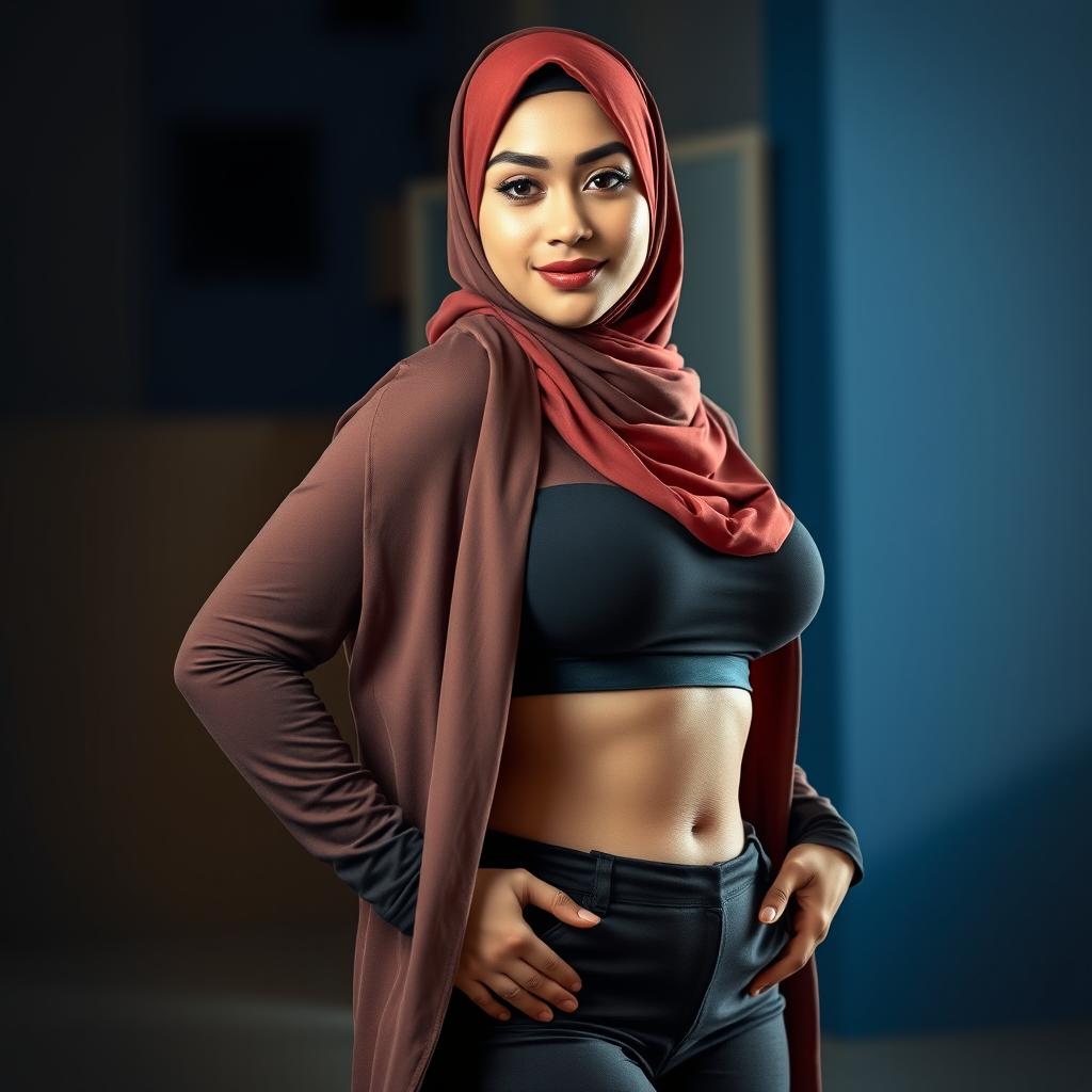A full body portrait of a sexy hijab-wearing woman exuding confidence