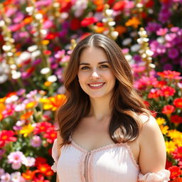 A 35-year-old woman with brunette hair and a Canadian appearance, standing gracefully in front of a vibrant display of colorful flowers