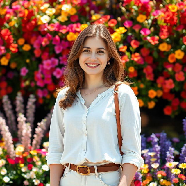 A 35-year-old woman with brunette hair and a Canadian appearance, standing gracefully in front of a vibrant display of colorful flowers