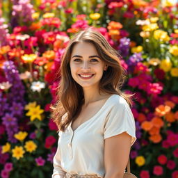 A 35-year-old woman with brunette hair and a Canadian appearance, standing gracefully in front of a vibrant display of colorful flowers