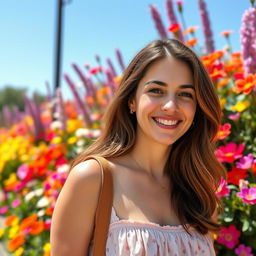 A 35-year-old woman with brunette hair and a Canadian appearance, standing gracefully in front of a vibrant display of colorful flowers
