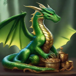 A snakelike, Green Dragon imbued with a fascinating serpentine grace, coiled over her impressive hoard of gleaming gold and mystical artifacts, basking in the glow of her accumulated treasure