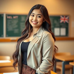 A stunning 27-year-old Indo-Korean woman with a curvy figure, embodying a relaxed and alluring persona as a rich teacher