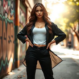 A young woman standing confidently, wearing an open shirt and open pants that flow gently around her waist, revealing a stylish outfit underneath