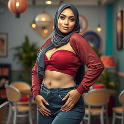 A full body portrait of a sexy hijab-wearing woman showcasing her confident pose
