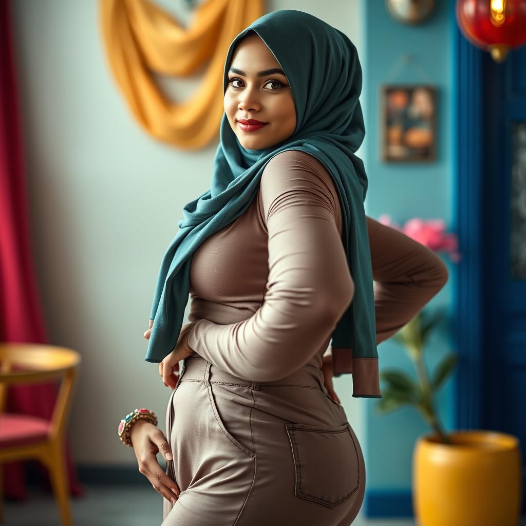 A full body portrait of a sexy hijab-wearing woman showcasing her confident pose