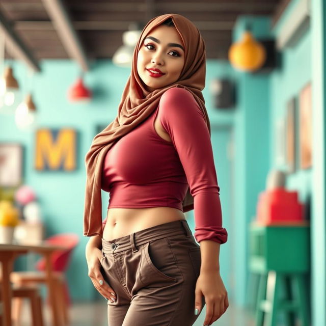 A full body portrait of a sexy hijab-wearing woman showcasing her confident pose