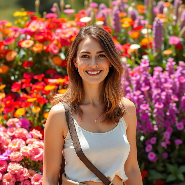 A 35-year-old woman with brunette hair, embodying a Canadian appearance, standing gracefully in front of a stunning array of colorful flowers