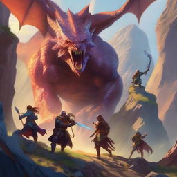 A Dungeons and Dragons inspired party of four heroes courageously battling mighty Behemoths in a steep valley, under the vibrant hues of a descending sun