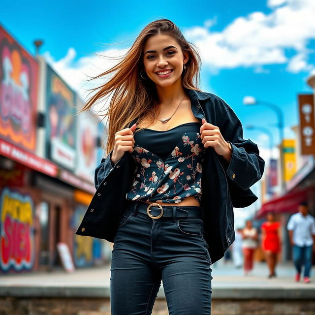 A stylish young woman confidently posing with her shirt open, revealing a chic and fashionable outfit underneath