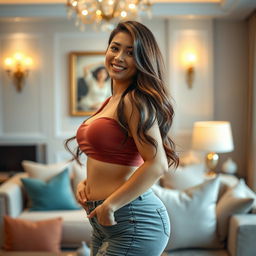 A beautiful 27-year-old Indo-Korean woman with a curvy figure, depicting a relaxed and alluring vibe as the wife of a wealthy individual