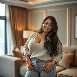 A beautiful 27-year-old Indo-Korean woman with a curvy figure, depicting a relaxed and alluring vibe as the wife of a wealthy individual