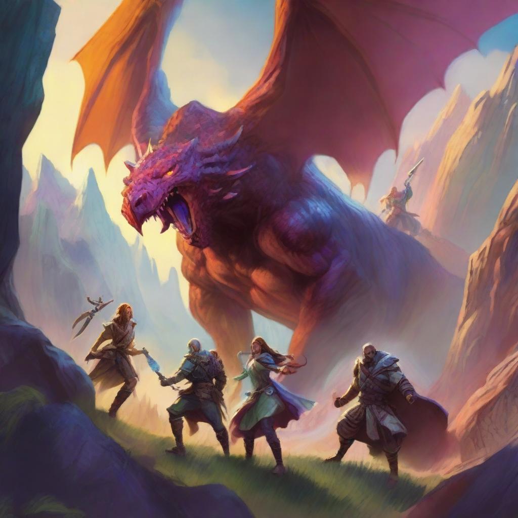 A Dungeons and Dragons inspired party of four heroes courageously battling mighty Behemoths in a steep valley, under the vibrant hues of a descending sun