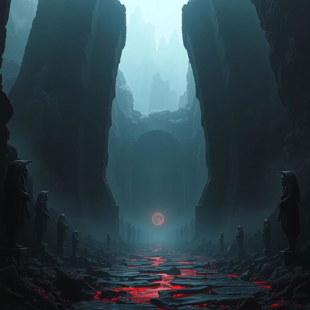 A chilling depiction of the entrance to the Underworld, inspired by Dante's Hell, presenting an ominous and foreboding atmosphere
