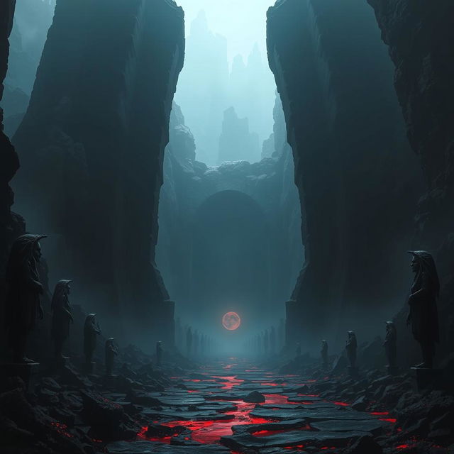 A chilling depiction of the entrance to the Underworld, inspired by Dante's Hell, presenting an ominous and foreboding atmosphere