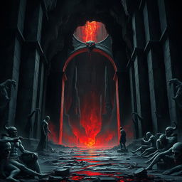 A chilling depiction of the entrance to the Underworld, inspired by Dante's Hell, presenting an ominous and foreboding atmosphere