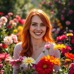 A 35-year-old woman with vibrant red hair and Canadian features, radiating warmth and charm