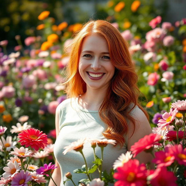 A 35-year-old woman with vibrant red hair and Canadian features, radiating warmth and charm