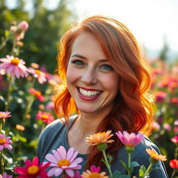 A 35-year-old woman with vibrant red hair and Canadian features, radiating warmth and charm