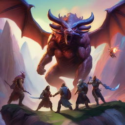 A Dungeons and Dragons inspired party of four heroes courageously battling mighty Behemoths in a steep valley, under the vibrant hues of a descending sun