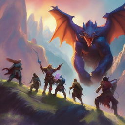 A Dungeons and Dragons inspired party of four heroes courageously battling mighty Behemoths in a steep valley, under the vibrant hues of a descending sun