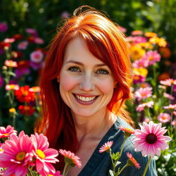 A 35-year-old woman with striking red hair and Canadian features, beautifully set against a vibrant backdrop of blooming flowers