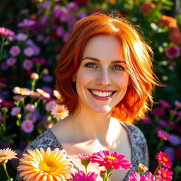 A 35-year-old woman with striking red hair and Canadian features, beautifully set against a vibrant backdrop of blooming flowers