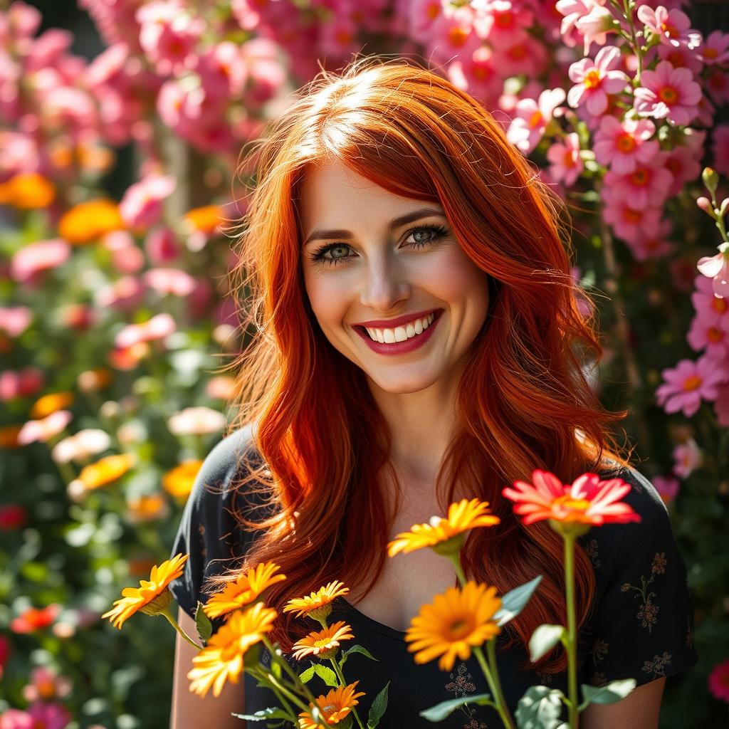 A 35-year-old woman with striking red hair and Canadian features, beautifully set against a vibrant backdrop of blooming flowers