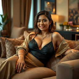 A beautiful Indo-Chinese woman with a curvy yet slender figure, embodying a relaxed and alluring vibe as the wife of a wealthy individual