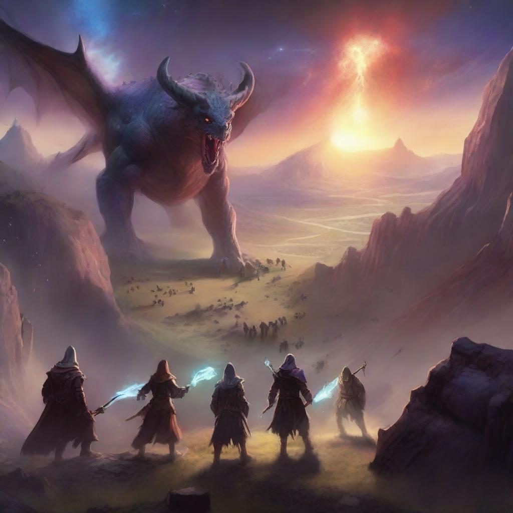 An ethereal view of a Dungeons and Dragons party of four valiantly battling Behemoths in a valley as the sun sets, with the distant perspective revealing a dreamlike galaxy wrapping the scene