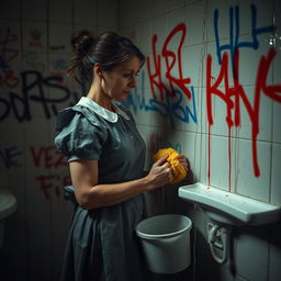 A sad mature maid in a traditional gray uniform, with a faint look of sorrow on her face, scrubbing a tagged bathroom wall covered in colorful graffiti
