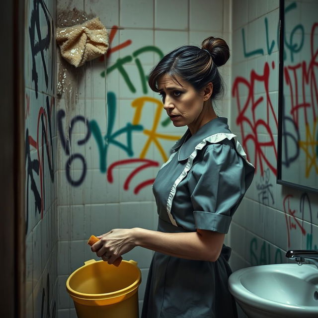 A sad mature maid in a traditional gray uniform, with a faint look of sorrow on her face, scrubbing a tagged bathroom wall covered in colorful graffiti