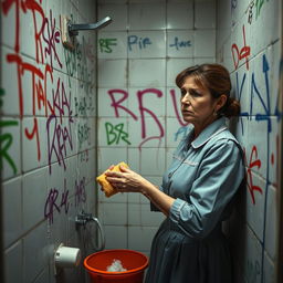 A sad mature maid in a traditional gray uniform, with a faint look of sorrow on her face, scrubbing a tagged bathroom wall covered in colorful graffiti