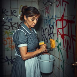 A sad mature maid in a traditional gray uniform, with a faint look of sorrow on her face, scrubbing a tagged bathroom wall covered in colorful graffiti