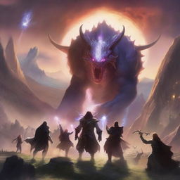 An ethereal view of a Dungeons and Dragons party of four valiantly battling Behemoths in a valley as the sun sets, with the distant perspective revealing a dreamlike galaxy wrapping the scene