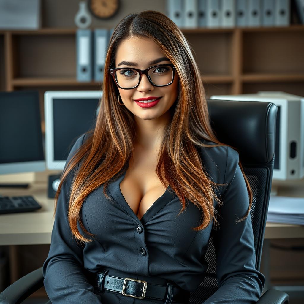 A stunning 32-year-old Russian secretary with a buxom figure, featuring 34D breasts and long flowing brown hair, is seated elegantly in an office chair