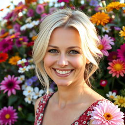 A 35-year-old woman with light blonde hair and Canadian features, beautifully positioned in front of a lush backdrop of colorful flowers