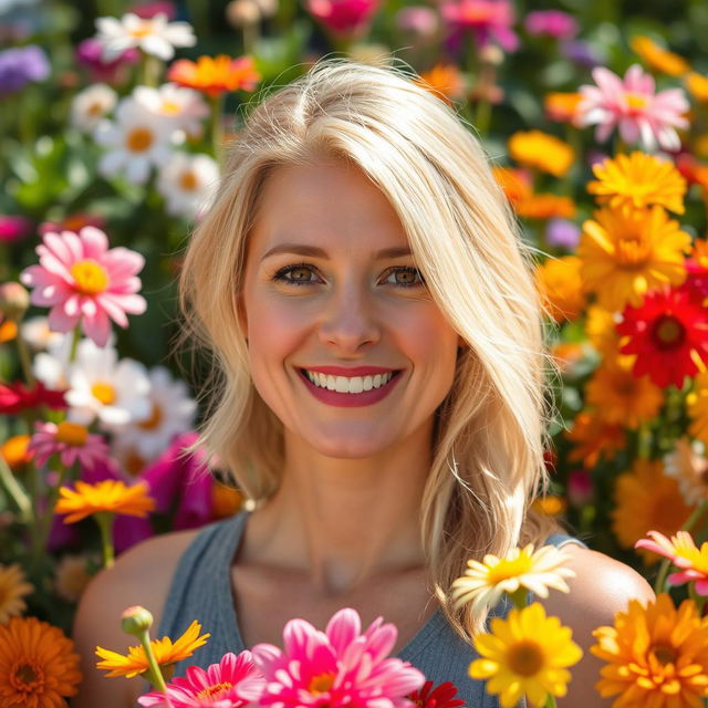 A 35-year-old woman with light blonde hair and Canadian features, beautifully positioned in front of a lush backdrop of colorful flowers