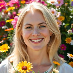 A 35-year-old woman with light blonde hair and Canadian features, beautifully positioned in front of a lush backdrop of colorful flowers