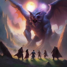 An ethereal view of a Dungeons and Dragons party of four valiantly battling Behemoths in a valley as the sun sets, with the distant perspective revealing a dreamlike galaxy wrapping the scene