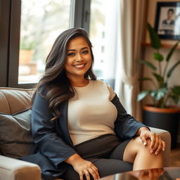 A beautiful Indo-Chinese woman with a curvy yet slender figure, embodying a relaxed and inviting vibe as the wife of a wealthy individual