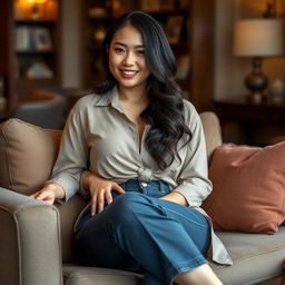 A beautiful Indo-Chinese woman with a curvy yet slender figure, embodying a relaxed and inviting vibe as the wife of a wealthy individual